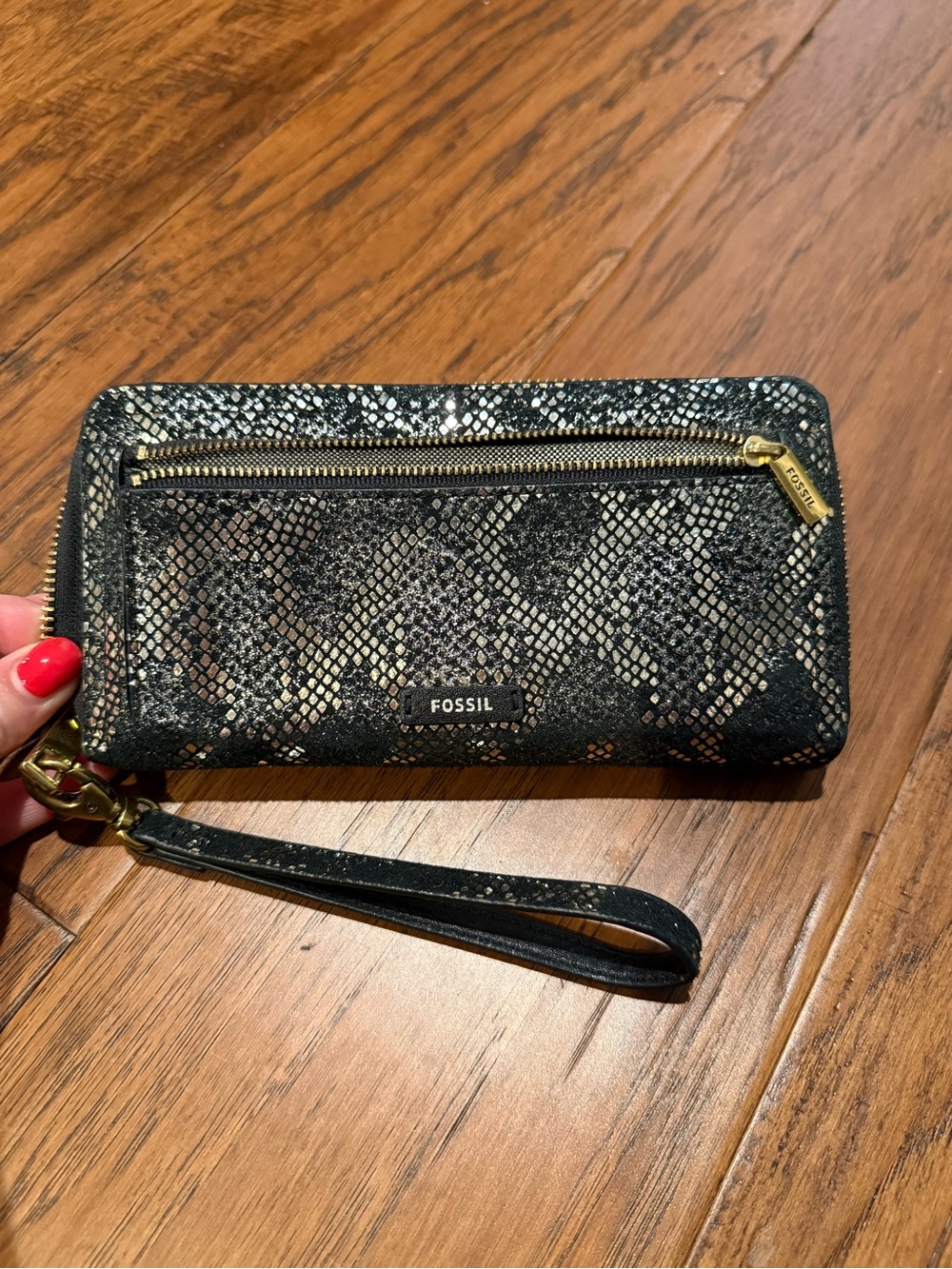 Fossil Black and Gold Snake-Print Wristlet Wallet